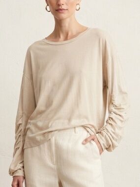 Burning Torch Long Sleeve Ruched-Sleeve Tee in Cream